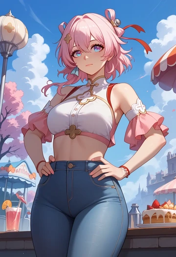 star rail,march 7th,crop top  - AI generated anime art